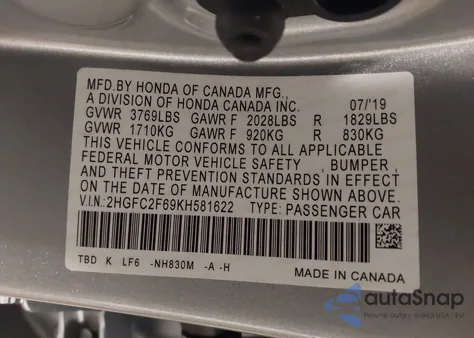 2019 Honda Civic Lx z USA, uszkodzony, nr VIN 2HGFC2F69KH581622